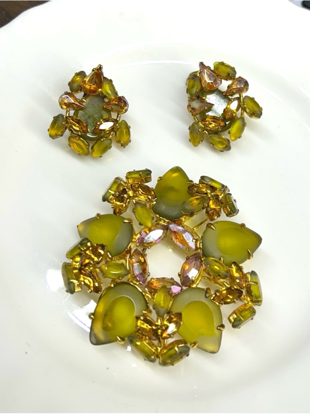 Vintage West Germany Olive Green Crystal Floral Brooch and Earring Set